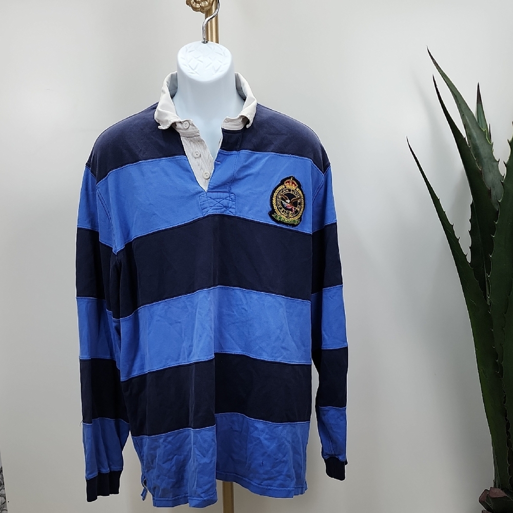 Rare American Living Big Crest Striped Long-Sleeve Rugby Polo Shirt Blue XXL